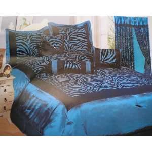  Blue / Black Zebra Faux Silk Flock Printing Comforter Set 