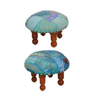 Wooden Footstool Indian Patchwork & Mirror Work Embroidery Wood Foot 