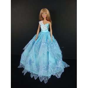  Blue Gown with White Lace One Shoulder Made for the Barbie 