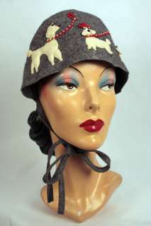 Vtg 40s Dog Rhinestone Gray Poodle Bonnet Wool Hat  
