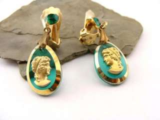 vintage 50s Emerald Green & Gold Lucite Cameo Earrings  
