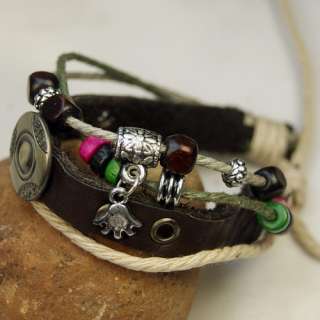 Cute Tibet Silver palm Pendant Coin Hemp leather wood bead bracelet 