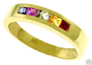 14K Yellow Gold Ring Natural Multi Colored Sapphires Princess Shaped 