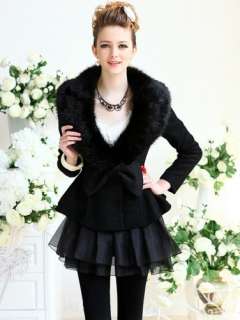 Womens Short Black Coat Jacket with Peplum and Faux Fur Collar  