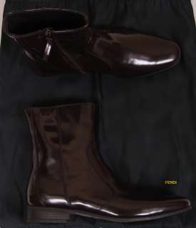 FENDI SHOES $1105 DARK BROWN LOGO ORNAMENTED PATENT LEATHER BOOTS 7.5 