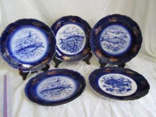 Flow Blue Rare 5 Oliver China Fish Plates  