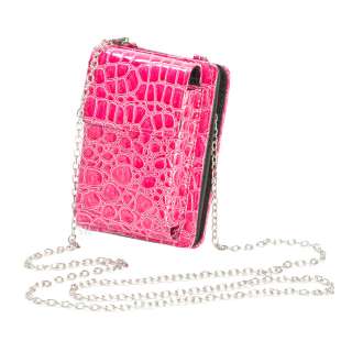 Pink Croco Croc Mini Purse Zip Around Wallet Crossbody W/ Chain 