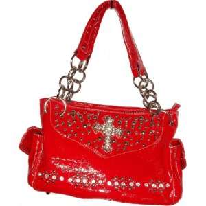 Western Rhinestone Studded Cross Patent Leatherette Shoulder Handbag 