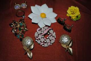 VTG Rhinestone Flowers Enamel Brooches Earrings Sterling Repair Wear 