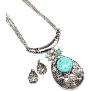  Flower Textured Stabilized Turquoise Earrings & Necklace 