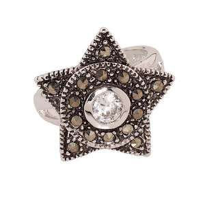 Five Pointed Star Silvertone Ring with Genuine Cubic Zirconia and 