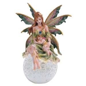 Green Fairy With Baby Girl Sitting On Crystal Ball Figurine Statue