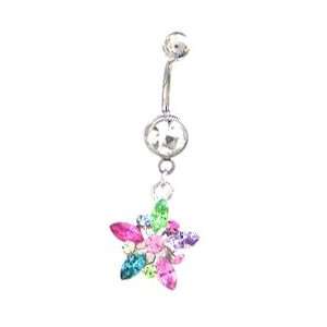  Stainless Steel Flower Belly Ring with Multicolor CZ 