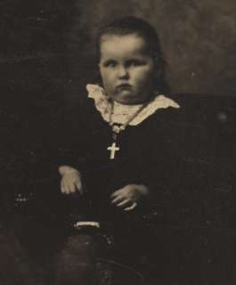 late 1800 s little girl in dress with cross necklace tintype 
