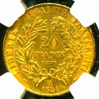 1851 A FRANCE CERES GOLD COIN 20 FRANCS * NGC * RARE  