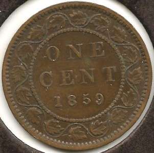 1859/8 Narrow 9, TP1, FINE VF Canadian Large Cent  