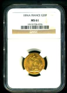 1896 FRANCE ANGEL GOLD COIN 20 FRANCS NGC CERTIFIED GENUINE & GRADED 