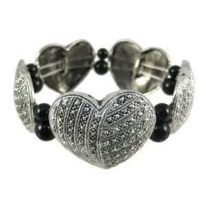  Marcasite Look Hearts Black Bead Stretch Bracelet Jewelry