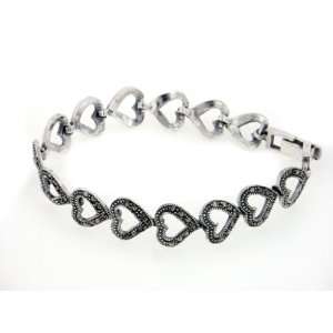    Sterling Silver Open MARCASITE Heart Link Bracelet Jewelry