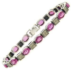  Sterling Silver Marcasite Pink CZ Stone Bracelet Jewelry