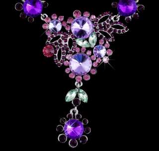 23954 Purple Flowers Rhinestone Crystal Bridal Drop Necklace Dangle 
