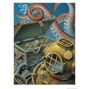  A Deep Sea Diving Suit, Treasure Chest, Compass and 