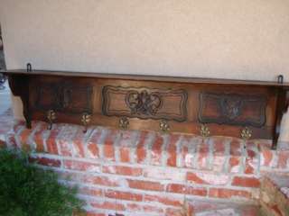 Antique French Carved Dark Oak Serpentine Wall Shelf Coat Rack 