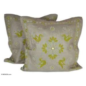  Silk and cotton cushion covers, Jade Peacock (pair 