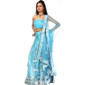 Sky Blue Bridal Lehenga Choli with Hand Embroidered Beads and Sequins 