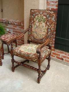 Antique FRENCH Carved Oak Barley Twist Fireside Arm CHAIR Needlepoint 