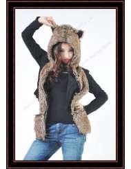 Wolf Full Hood 3in1 Hat/Scarf/Mittens Faux Fur with Fleece Lining