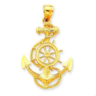   Solid Polished Textured Large Anchor With Wheel Charm Pendant  