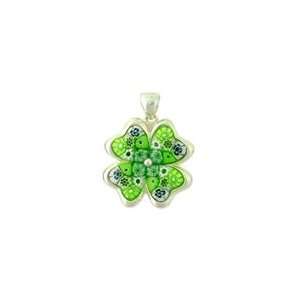 Green Murano Glass Four Leaf Clover Pendant Inlaid In Sterling Silver