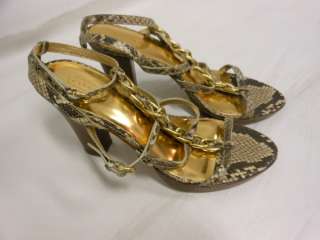 Coach  Gold Python Chain Strappy Wooden Stacked Heel Shoes 7 