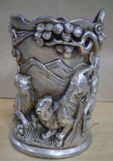 preeminent Tibet silver 5 tiger scenery pencil vase statue  