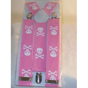   Pink / White Skull Elastic Braces Clip Suspenders 