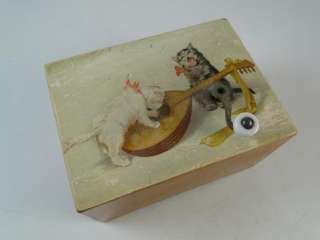 Antique Switzerland Swiss Music Box OVER THERE Wood Kitten Cat 