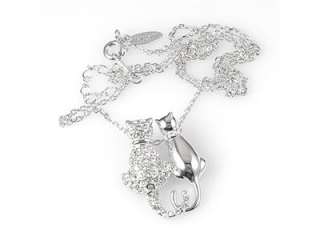 Cats In Love Pendant White GP Necklace Swarovski Clear Crystals 