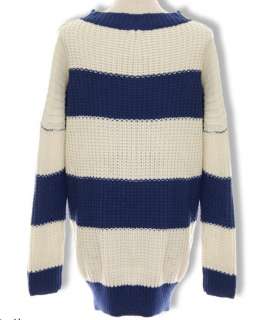 Trendy Apricot & Navy Stripe Pullover Knit Knitting Knitwear Sweater 