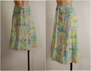 Vtg 70s Sanibel Garden Print A line Button Front Skirt  