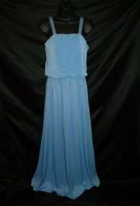 Vintage 70s Disco Party Light Blue Micropleat Maxi Dress Beaded 