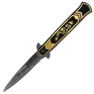 Gold Dragon Stiletto Spring Assisted Knife With Flame Design Y533GD 