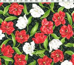Yard Quilt Cotton Fabric  Tulips Red & White on Black  
