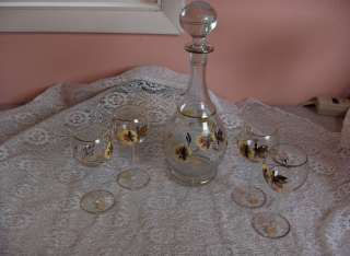   Bohemian 6 Pc Crystal Wine Decanter Art Glass Pansys Bees Romania