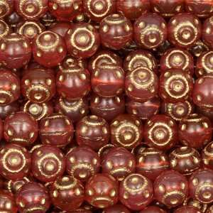  Vintage Red Etched with Gold Round Czech Glass Beads Arts 