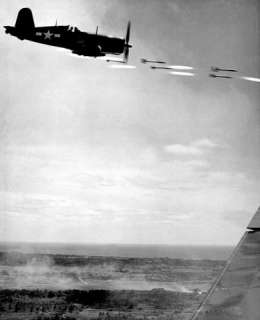 Corsair Fighter Looses Rockets Okinawa, WWII USMC Photo  