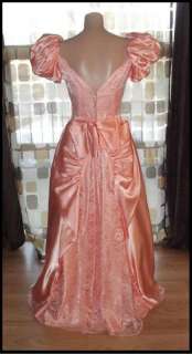 VTG 80s 50s FULL Prom Dress Ball Gown POOF Sleeve Peach Satin AVANT 