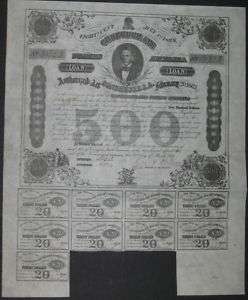 500 Confederate Bond, 1863, C.G. Memminger w/9 coupons  