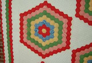 VIBRANT1860s Honeycomb Hexagon Stars Hand Stitched Antique Quilt 