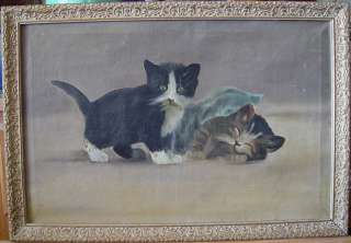 Antique AAFA American Outsider,Folk Art Kittens Oil Painting,Baby 